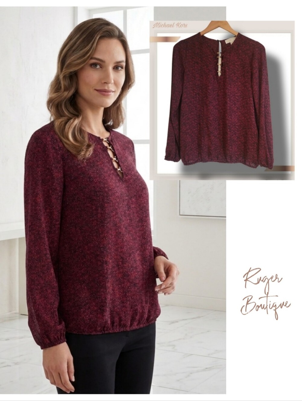 🌿-Michael Kors Small Burgundy Snakeskin Blouse Gold Hardware Keyhole Bodice